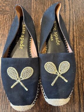 kate spade Black Espadrille Flats with Gold Tennis Racket Embroidery